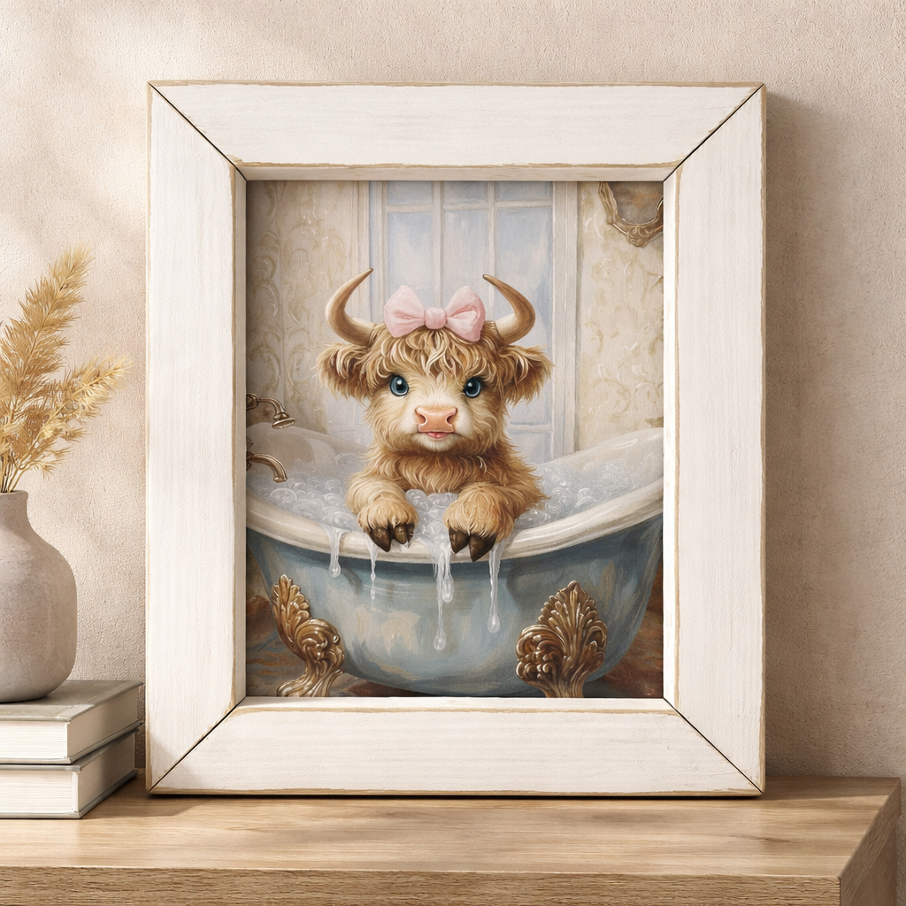 Jan Michaels Bathroom Sign Highland Cow in Tub