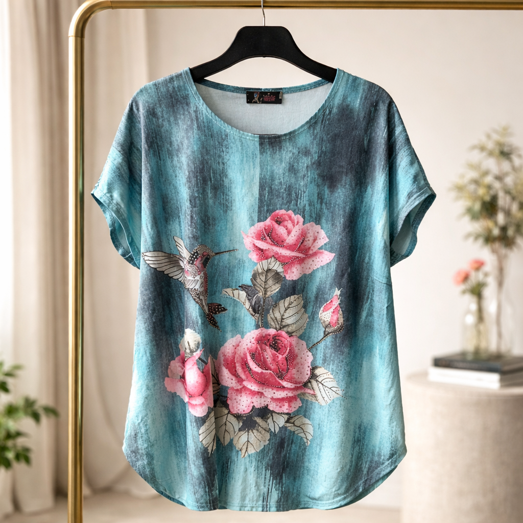 SUPERSALE! Summer Top Glittery Hummingbird Teal
