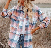 Load image into Gallery viewer, Pink Plaid Flap Pockets Shacket
