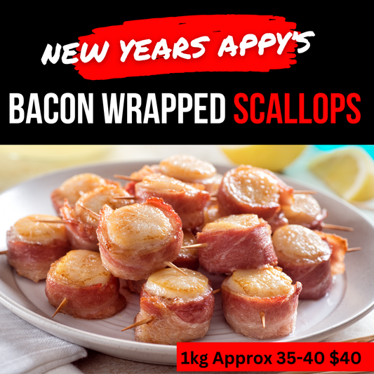 MEGA BAG Bacon Wrapped Scallops 1kg Approx 35-40 pc