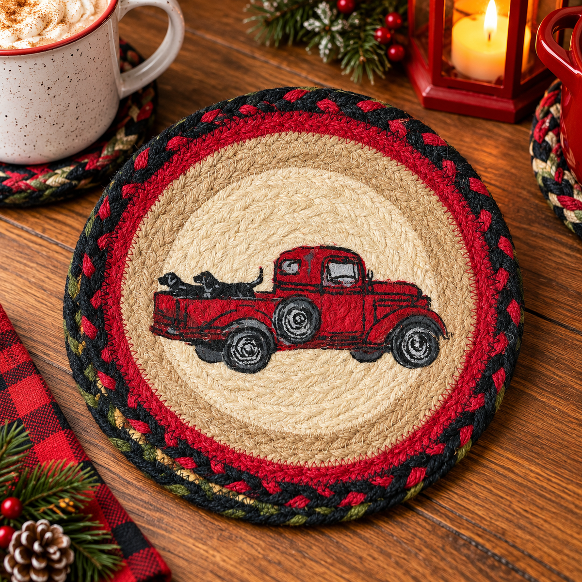 Jute Trivet Red Truck with Labs