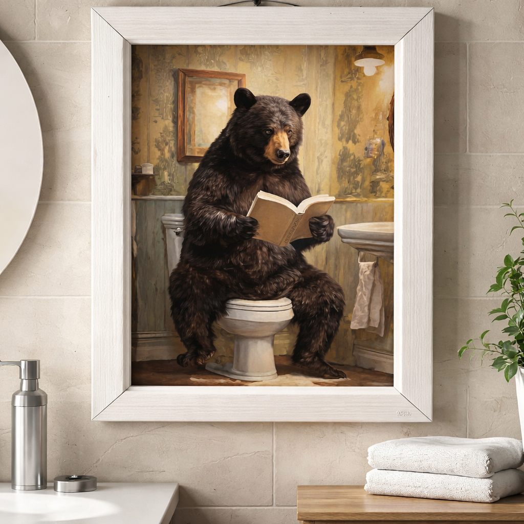Jan Michaels Bathroom Sign Bear Reading Newspaper – Muddy Moose Market