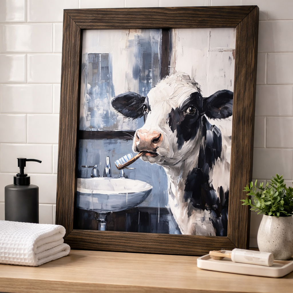Jan Michaels Bathroom Sign Cow Toothbrush