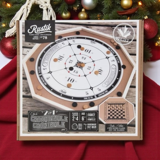 Rustik Crokinole 3 in 1 Classic Game (Chess & Checkers too)