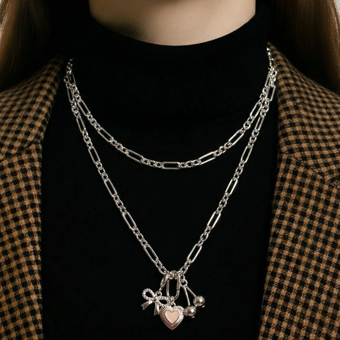 Long Layered Looking Necklace Silver