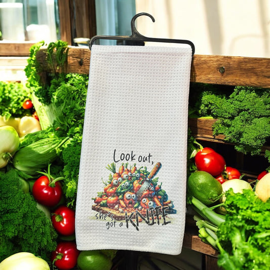 Fun Tea Towel Look Out She's Got a Knife