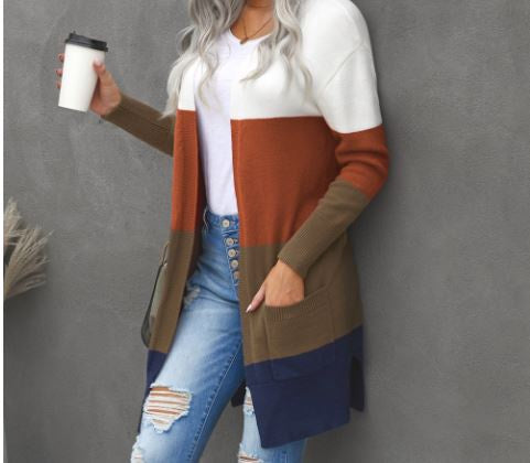 Colorblock  Cardigan with Pocket Rust