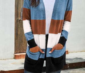 Colorblock Cardigan with Pockets Blue