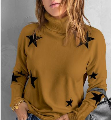Khaki Turtleneck Dropped Sleeve Star Print Sweater