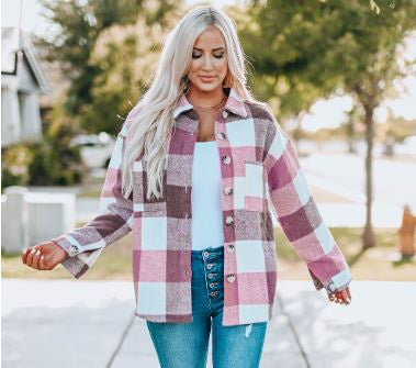 Pink Plaid  Color Block Buttoned long sleeve  jacket(w/pocket)
