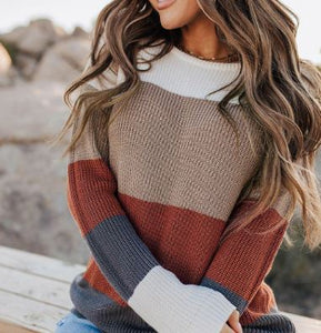 Rust Color Block Knitted  O - Neck Pullover Sweater