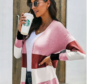 Colorblock Cardigan with Pockets Pink
